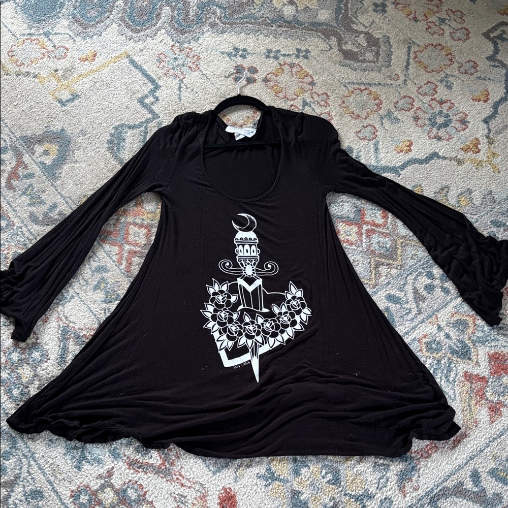 Gypsy Warrior Black Long Sleeve Dress with White Graphic